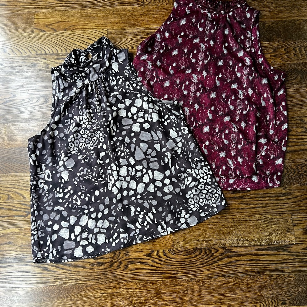 2 sleeveless high neck flowy tops sz L gorgeous colors